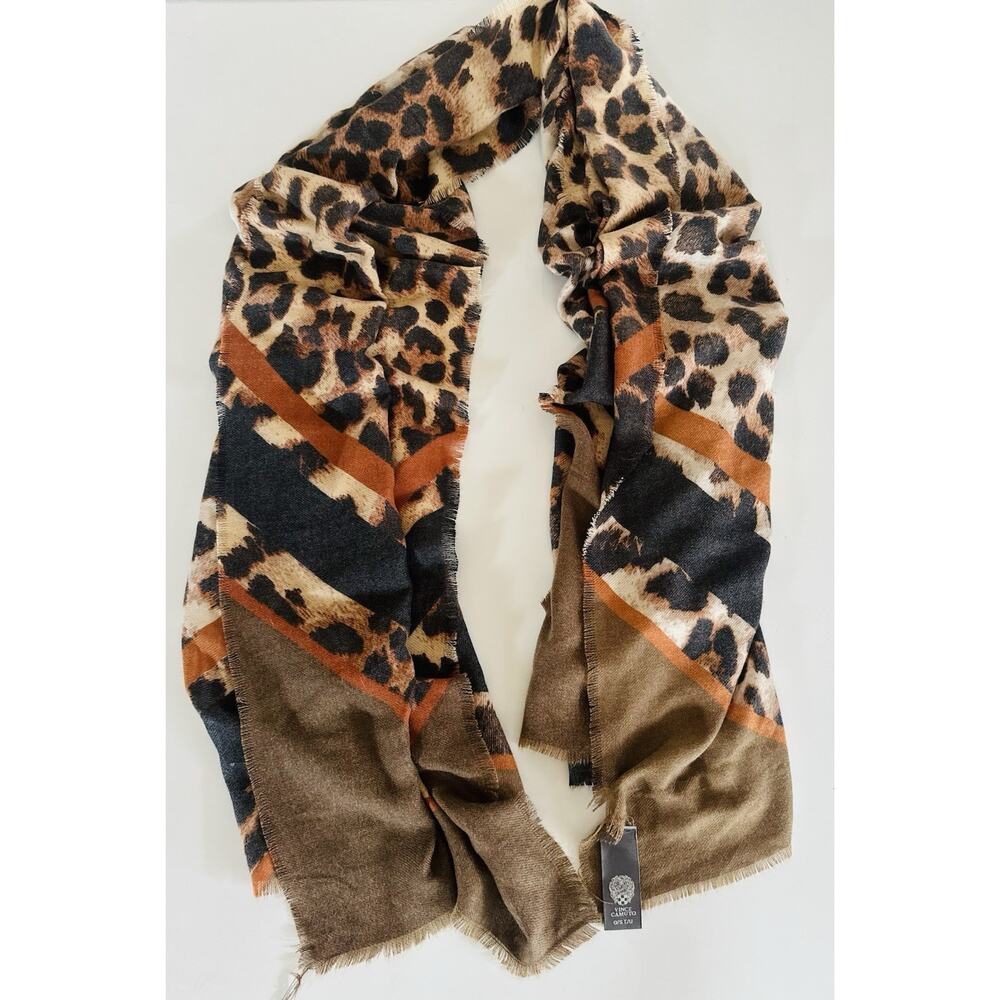 Vince Camuto Scarf Wrap Animal Print Brown Black w/Eyelash Fringe 32" x 76" Chic - Picture 3 of 8